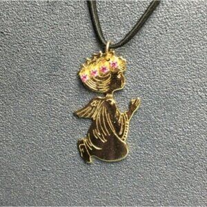 Praying Angel Profile Necklace 25 In Retro Gold Pink Rhinestone Halo Black Cord
